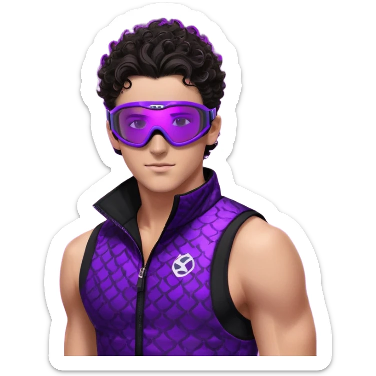 male athlete with white skin and moderately curly dark brown hair on top with shaved sides, wearing ski goggles with purple frames and very dark black lenses, a simple plain black chain necklace, and a completely unzipped sleeveless vest with purple and black sequin fire pattern design with no logo, fully revealing his chest, shoulders and arms, no earrings sticker