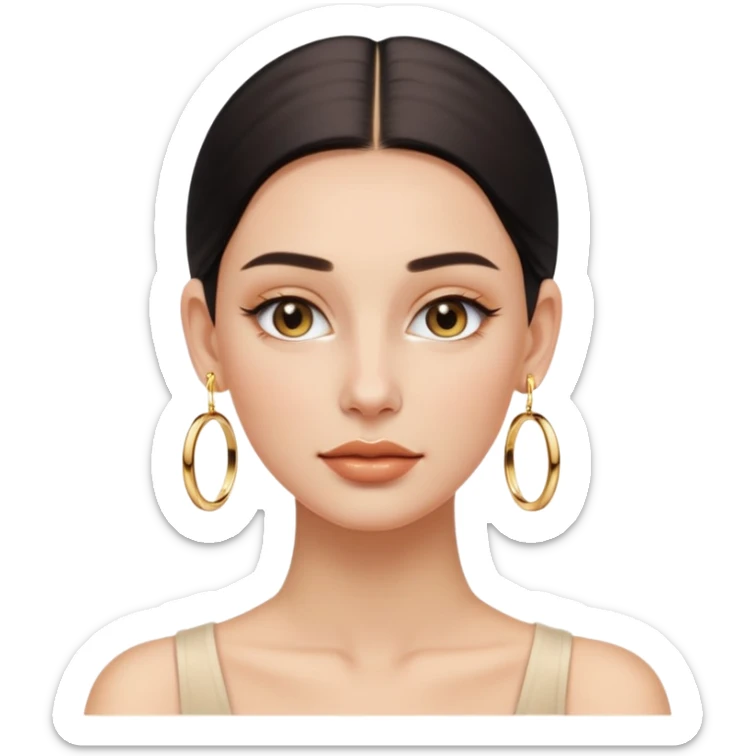 Clean Girl aesthetic, minimal makeup, dewy skin, slicked-back hair, gold hoop earrings, soft glow sticker