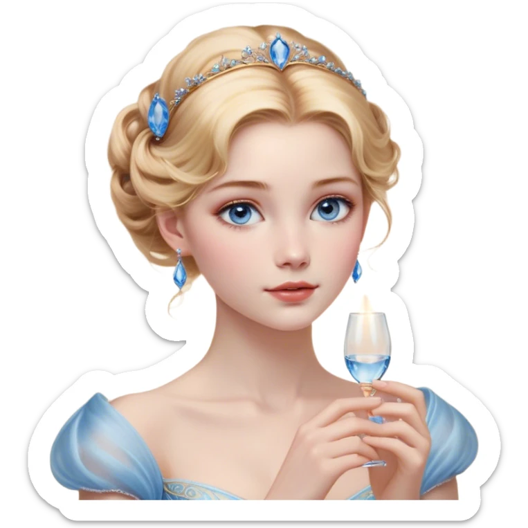 Cinematic Realistic Cinderella Portrait, depicted with lifelike skin texture, subtle rosy undertones, and soft natural lighting that enhances the gentle contours of her face. Her intricately detailed golden blonde hair is elegantly styled in an updo, with delicate wisps framing her face. Her deep, expressive blue eyes radiate warmth and sincerity, reflecting a quiet resilience and grace. She holds a glass slipper gently in one hand, her other hand resting gracefully at her side, emphasizing the timeless beauty of the moment. She is dressed in her iconic ball gown, the fabric shimmering with intricate embroidery and fine translucent layers that catch the light beautifully. The soft sheen of satin gloves adds a magical touch to her graceful pose. The portrait features an enchanting glow with a natural, luminous finish, seamlessly blending realism and fairytale charm to evoke a sense of depth, elegance, and timeless beauty. sticker