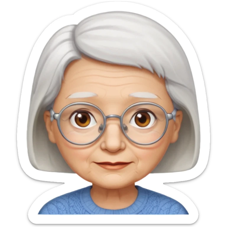 Create me emoji of an old lady. Short white hair to left side. Square glasses. Brown eyes. Rounded really big and really wide face. Wide nose.  sticker