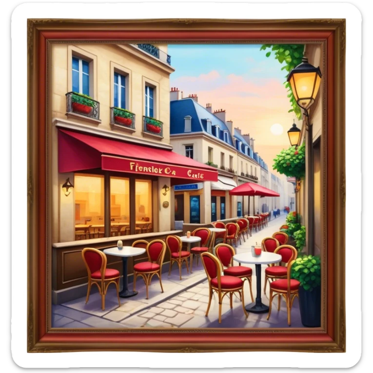 Cinematic Realistic Caf√© Culture Pop Culture Emoji, showcasing a vibrant French caf√© scene rendered with rich textures and warm, inviting lighting. sticker