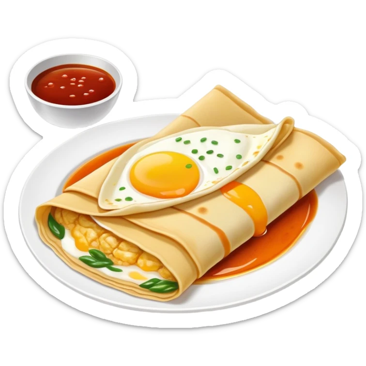 Chinese Crepe Jianbing folded with sauce and egg, simplified emoji style with bold outlines and bright colors, cartoon style popular street breakfast sticker