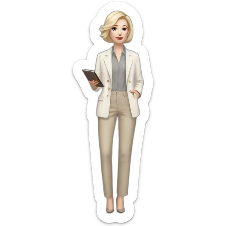 Full height pale skin woman with ash blonde Straightened bob Hair, White Spacious jacket, beige Arrow pants and gray blouse holding a color palette in the hands sticker