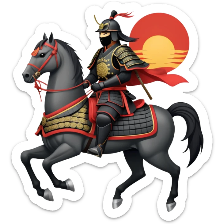 clash-of-clans-aesthetic_-cinematic-fearsome-and-majestic-samurai-bust-portrait-emoji, rendered in a flat, vector-style with minimal shading and bold, simplified shapes typical of emoji art, depicting a battle-hardened samurai with black mask and traditional black Japanese armor. The samurai is riding a noble grey warhorse adorned with an intricately designed saddle and fluttering banners and a rising sun. a samurai riding on a  horse zoomed in sticker