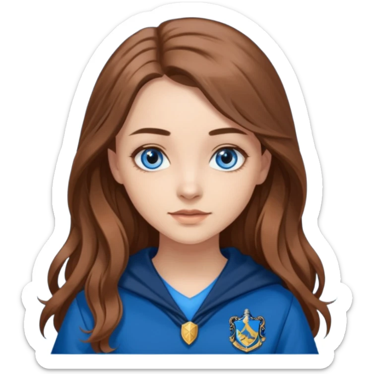 gorgeous Girl with light skin, blue eyes, long brown hair, wears a ravenclaw outfit sticker