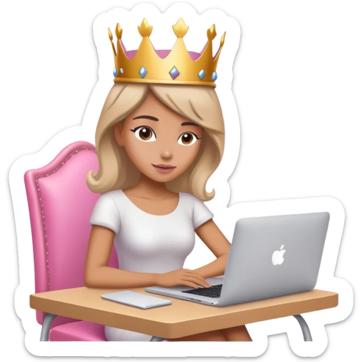 Attractive woman with crown on her head sat at the desk with MacBook and pink chair  sticker