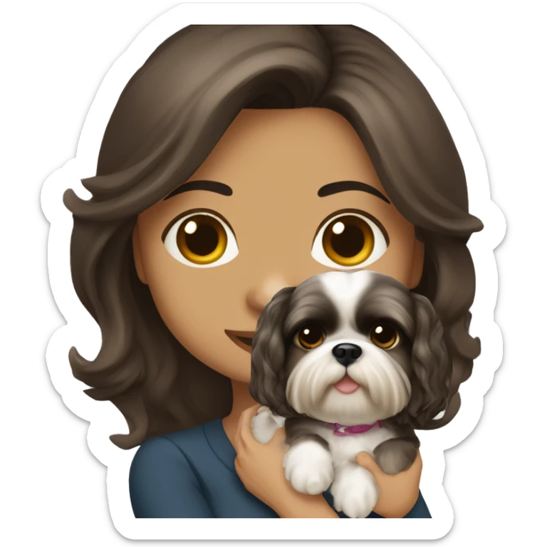 Young dark brunette medium kin hair woman with a cream shih tzu in her arms long wavy hair sticker