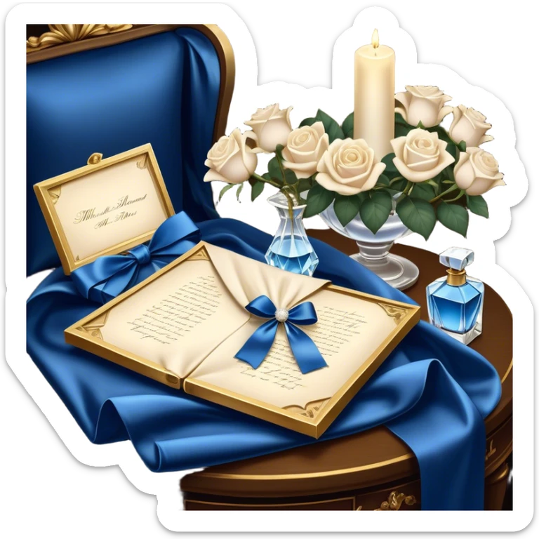 A carefully folded love letter, tied with a silky blue ribbon, sits on a velvet cushion. Beside it stands a tall crystal perfume bottle, exuding the soft scent of white roses. Pearl butterflies hover above the table, as the warm glow of candlelight reflects off the golden wax seal. sticker