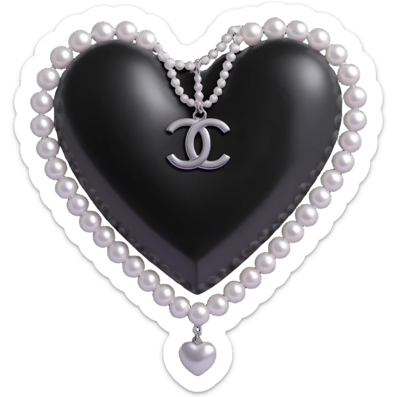 glossy black heart with a string of pearls draped diagonally, silver Chanel logo at the bottom, elegant, black and white sticker