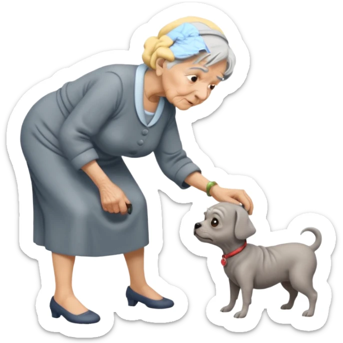 Old woman bent over from waist to floor trying to pick up dog sticker