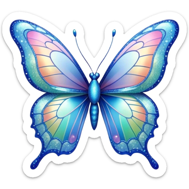 Pastel sparkly blue glittery iridescent rainbow transparent butterfly with detailed intricate patterns sticker