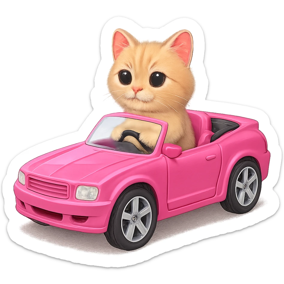 a cat in a pink convertible car, Barbie style sticker
