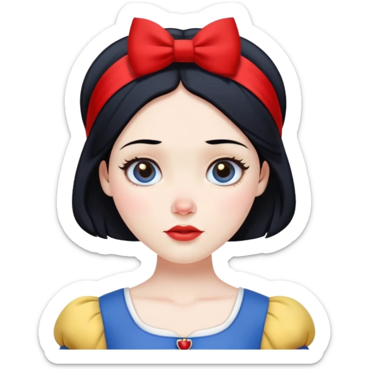 ultra simplified Snow White, blue top with yellow skirt, black hair with red headband, very minimal details, slightly zoomed out sticker