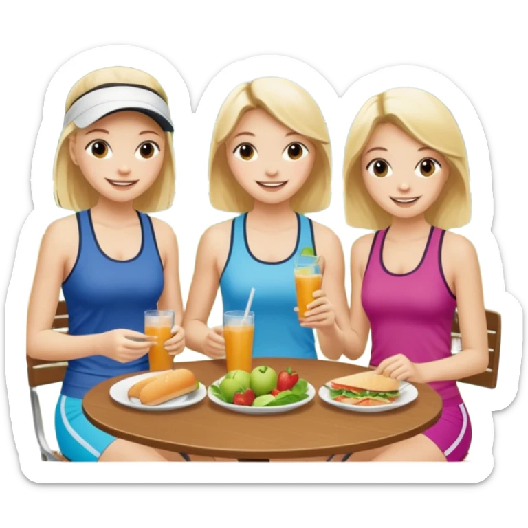 3 girls eating lunch at country club in workout clothes after tennis sticker