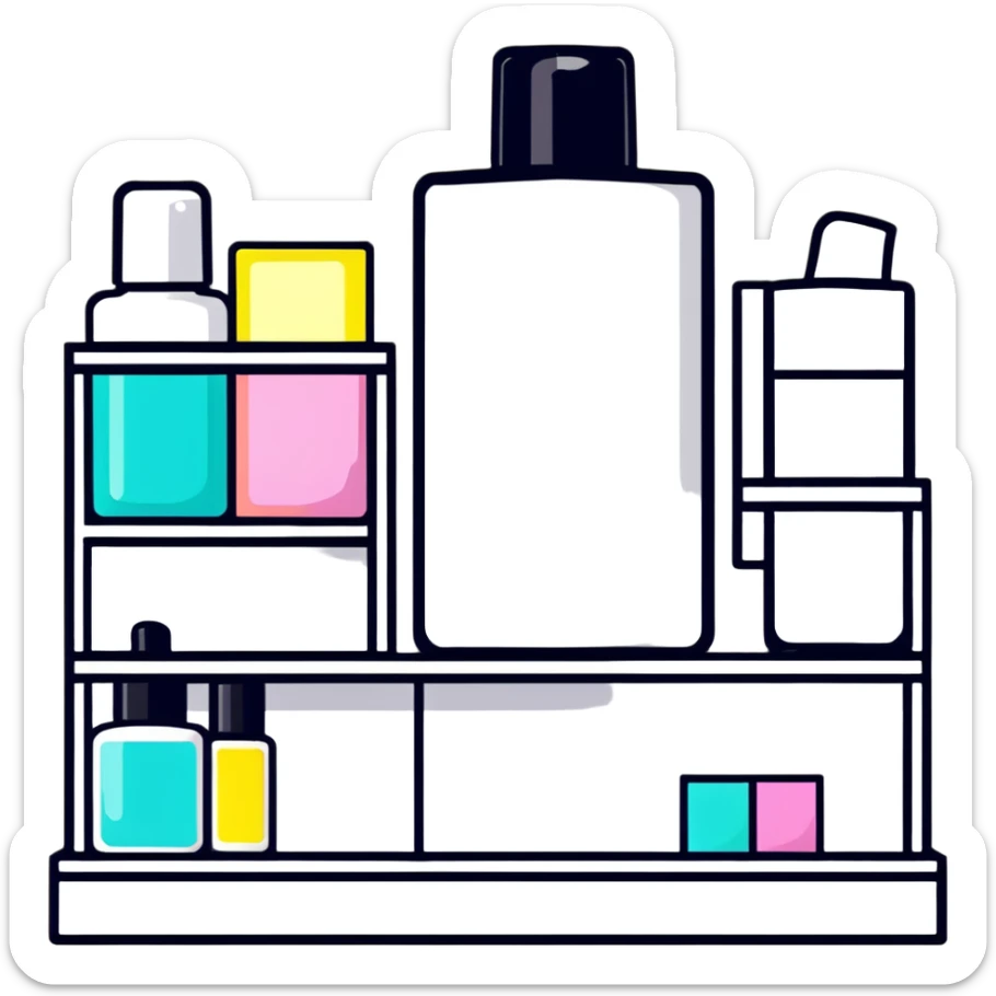 big long white shelf with one serum bottle labeled beauty brand and big sticky note sticker