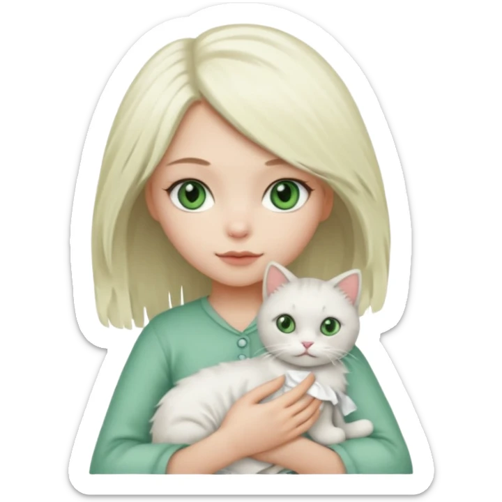 Platinum blonde hair girl with green eyes holding rag doll cat  sticker