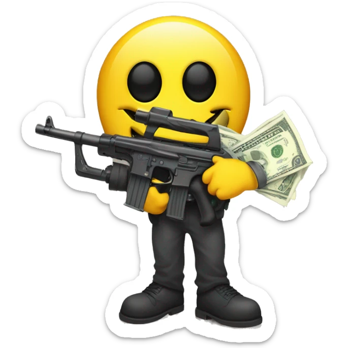 Yellow smiley face with eye patch holding a machine gun in one hand and a bag of money in the other  sticker