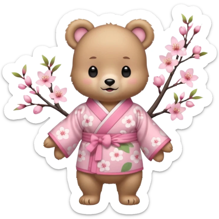 A cute baby bear character in pastel style, standing upright like a human. 
Light brown soft fur, large round ears, rounded paws and feet. 
Big cute black dot eyes, medium blush cheeks, and a tiny smiling mouth. 
Wearing a pink kimono with soft cherry blossom patterns on the sleeves and bottom,  sticker