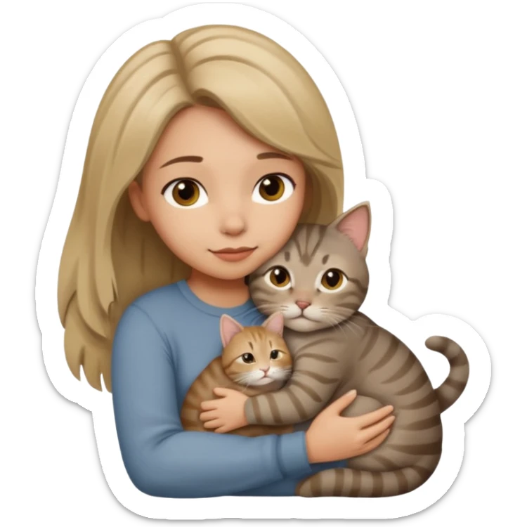 Une femme avec les cheveux dégradée, brun clair et blond, qui fait un câlin à son chat gris, tigré  sticker