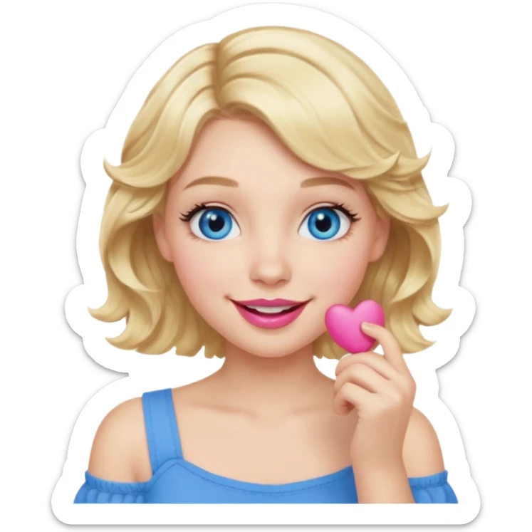 Girl Blonde short wavy hair,  blue eyes, cute blue top, long lashes, pink lips, smiling, hand over the mouth sticker