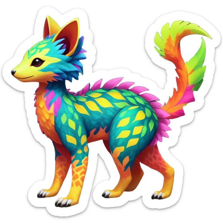 Rare realistic exotic edgy epic cute neon colorful tropical lush vibrant pretty beautiful handsome gorgeous aesthetic colorful vibrant Vernid-Trico-species-Fakemon-creature by LiLaiRa, 4 legs, 1 tail, random markings, (full body) sticker