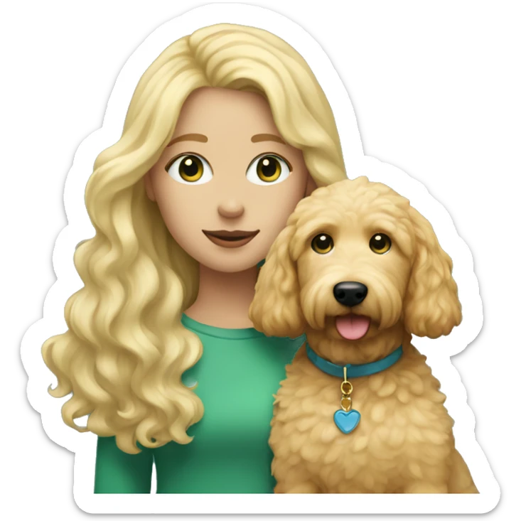 Girl with blonde hair green/blue eye with her golden doodle dog sticker