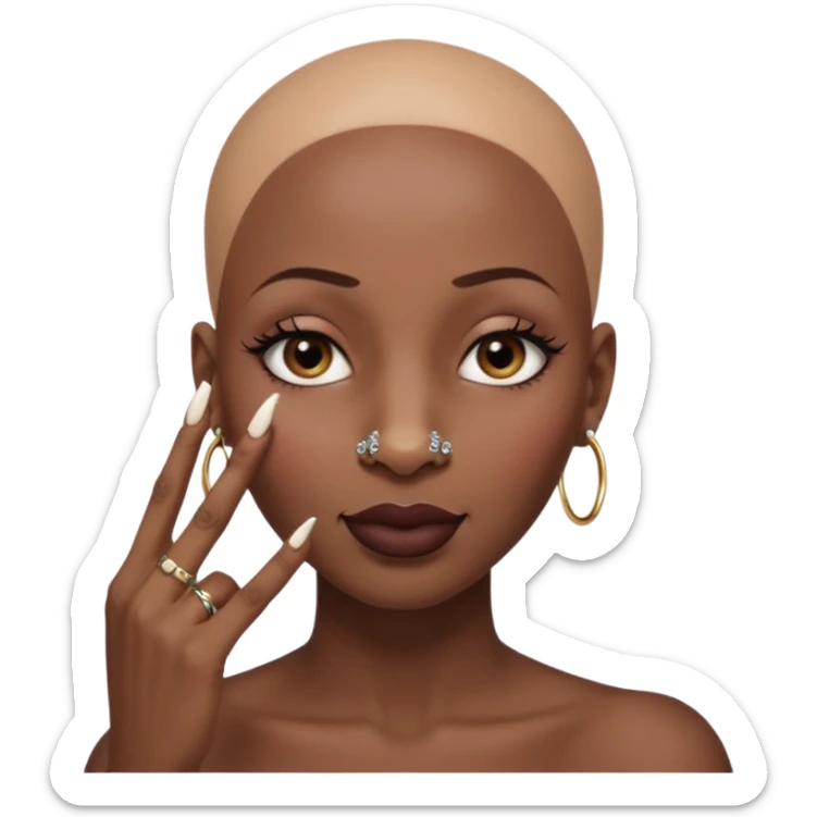 Grown black (proud) woman, bald with a perfect head, a prominent nose with a septum piercing, many piercings on her ears, a gap between her front teeth and very long nails (cynthia erivo) a proud lesbian, with long lashes and her finger tapping her head sticker