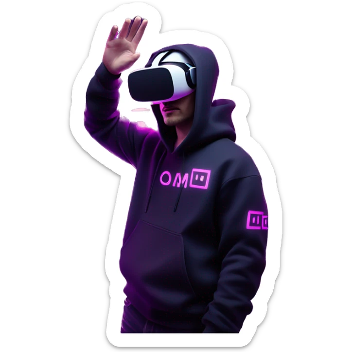 Russian man wearing a black hoodie with "OMG" letters on it and VR headset oculus quest 2 in a cyberpunk VR environment with violet neon lighting. Showing direction with hand sticker