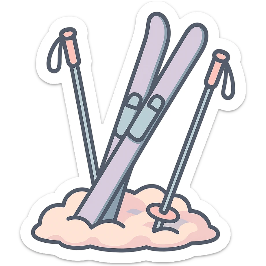 cross-country skis and poles on the sides, stuck at an angle into a snowdrift, snow piled up around the bases, detailed shading, thin clean outlines, soft rounded features, pastel palette #98B5BC #B5B3C1 #C9A3C9 #E4C0CA #F7DCD1 #F7C0AA, Japanese pop art, sticker look, highly detailed, vector clarity, soft lighting, subtle shadows, transparent background sticker