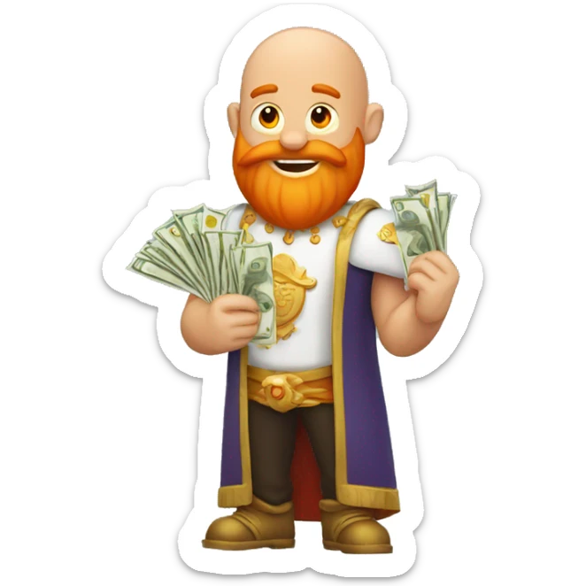 Bald man with a big orange beard wearing a crown as and holding money in his hand sticker