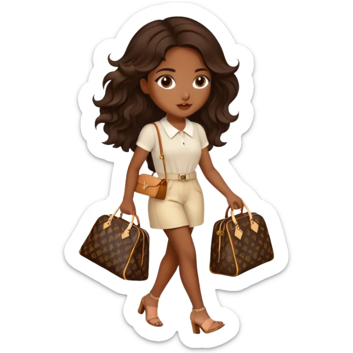  Brown girl with long dark brown medium wavy hair carrying a Louis Vuitton bag on her arm while walking  sticker