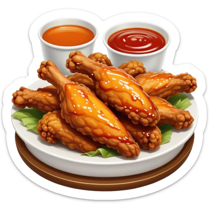 Cinematic crispy chicken wings, golden-brown and glazed with spicy sauce, crunchy coating, juicy inside, piled high with dipping sauce on the side, ultra-realistic and mouthwatering, inviting and bold. sticker