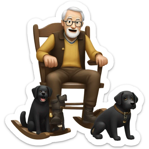 Old man in wooden rocking chair with black Labrador at his side sticker
