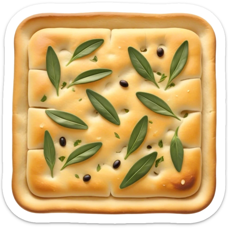 Cinematic Realistic Focaccia Bread Dish Emoji, depicted as a golden, olive oil brushed flatbread sprinkled with herbs rendered with lifelike texture and soft, appetizing lighting. sticker