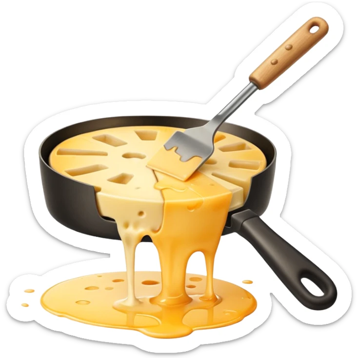 a half wheel of raclette cheese being scraped with a metal spatula, melted cheese flowing, warm golden colors, modern emoji style, clean outlines, transparent background sticker