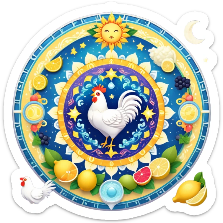 Celestial fitness mandala with magical water and lemon at center, surrounded by orbiting enchanted elements: radiant sun, glowing chicken and rice, sparkling gym weights, ethereal yogurt, twinkling fruits, and mystical sleep moon, all connected by cosmic energy flows and starry aura sticker