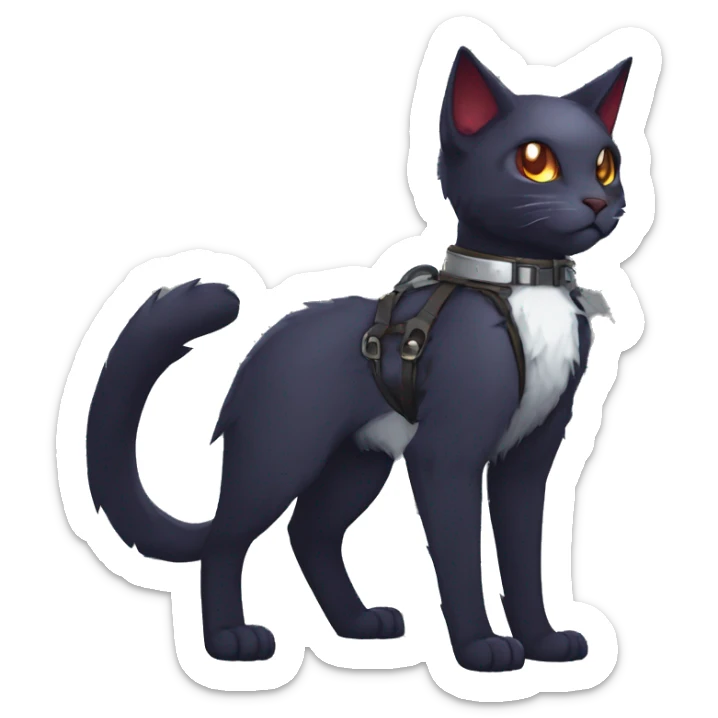cool edgy fantasy dark-shadow-themed animal vampiric cat hybrid Fakemon  with a harness and collar full body sticker