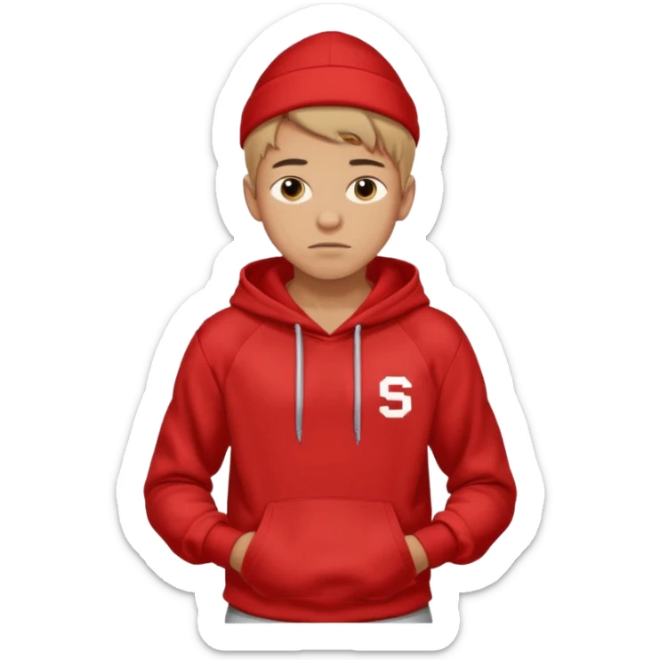 make me an emoji of an americain 19 yearold boy in a red hoodie that says "south" on it and give him with tan skin with his hands in his hands in his pocket not grining flexing his muscles sticker