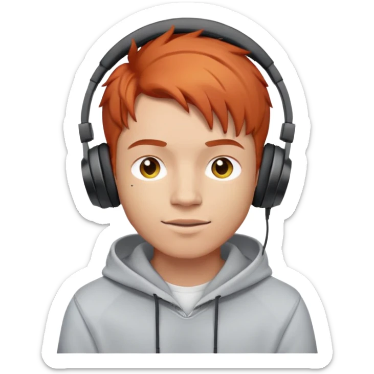 young red-haired male with headphones, wearing a hoodie with 'woojuo' letters, emoji style, lively overall sticker