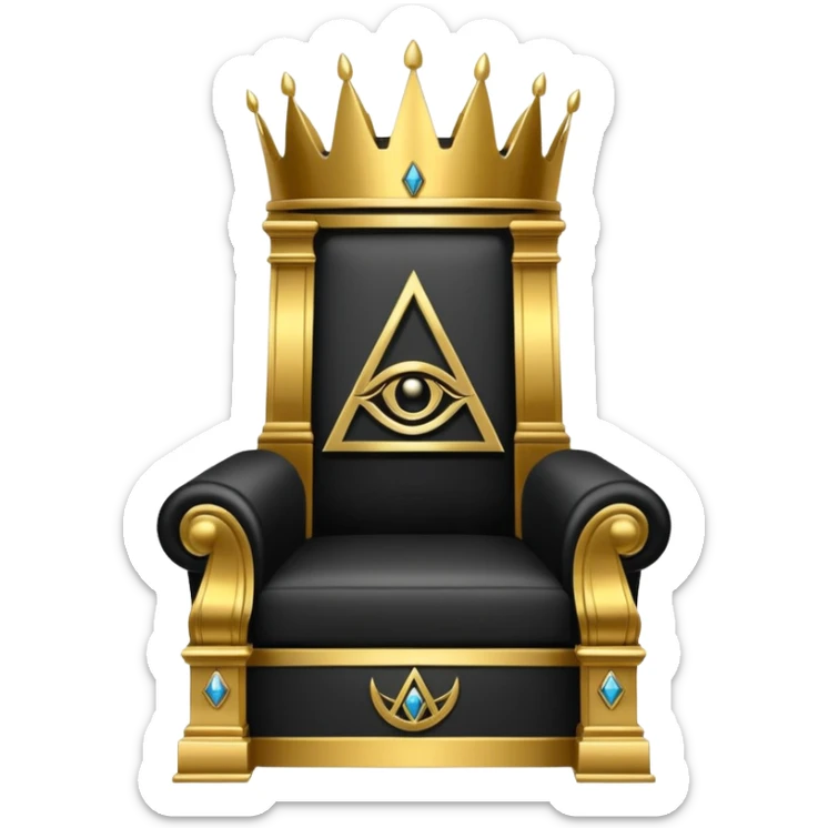 wide big iron black Illuminati throne with ornate gold and prominent Illuminati symbol sticker