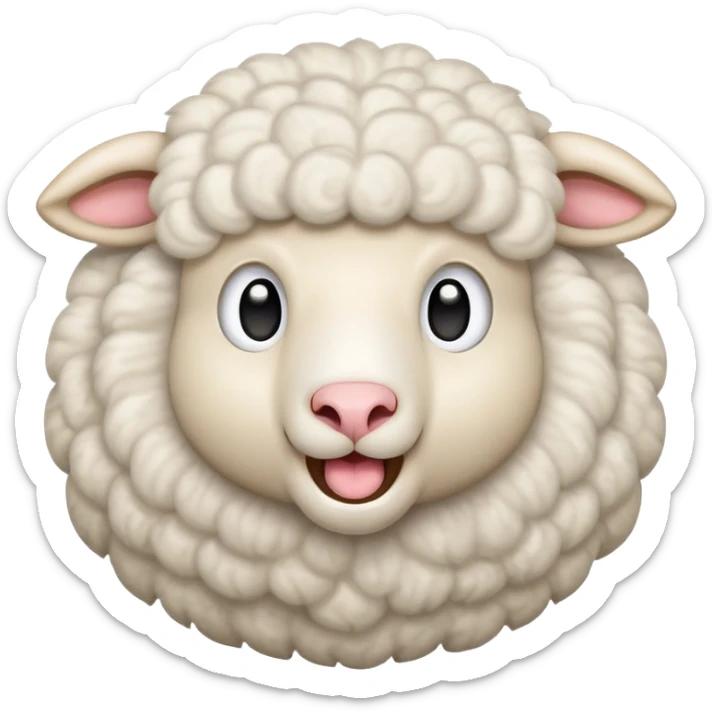 An emoji of a fluffy white sheep with its mouth open, making a 'meee' sound. Cute and cartoon-style, with soft wool texture and expressive eyes. Simple and playful design, resembling a classic farm animal emoji sticker