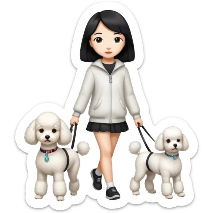 white poodle walking with owner (Asian girl with straight black hair) sticker