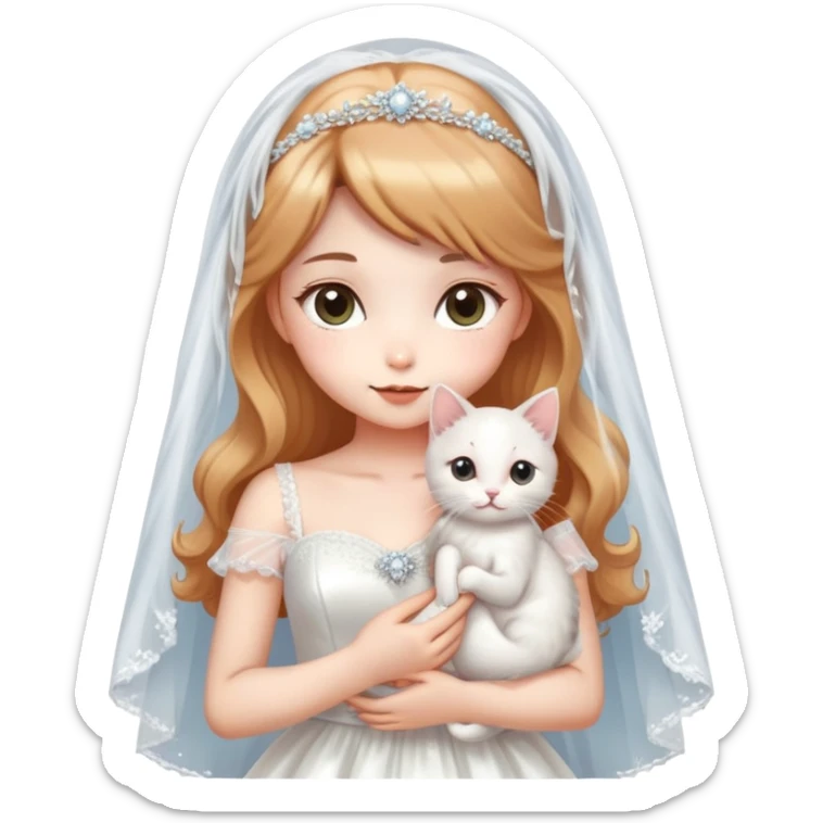 Very dreamy-beautiful-fashionable and elegant-wearing a wedding dress-with a veil-woman-holding a kitten-shiny-ladylike-soft style-kawaii-beautiful-hair-fairy style- sticker