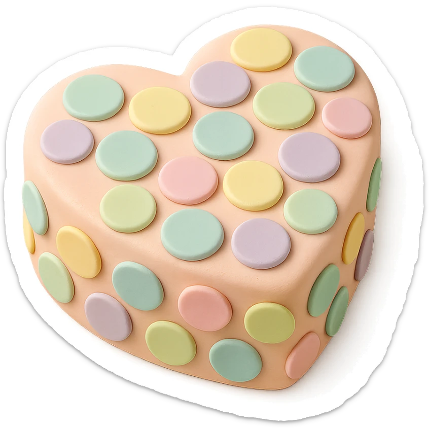 heart-shaped fondant cake with pastel fondant circles sticker