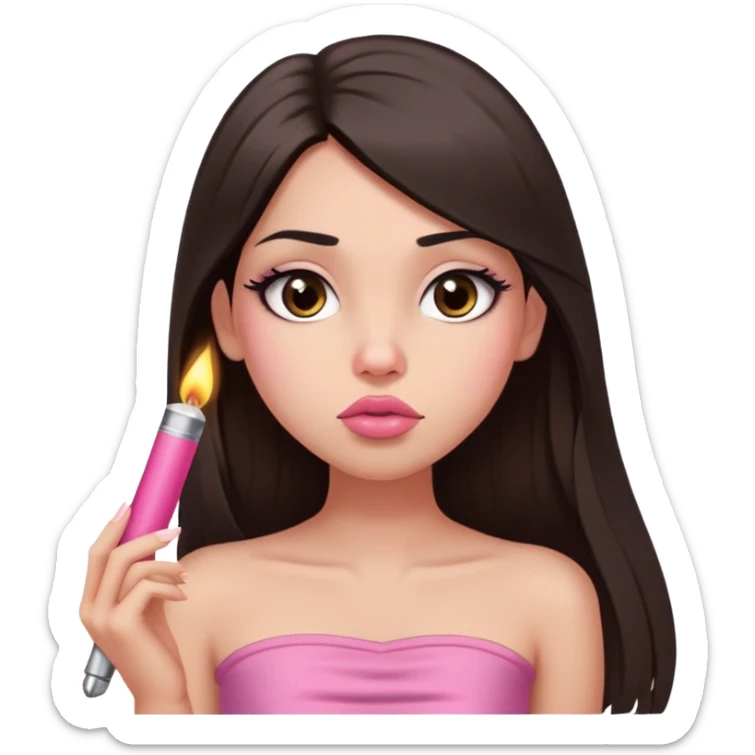 girl with lighter skin, dark brown long straight hair, pouty shiny lips without cupid's bow, large eyes, lighter button nose, long oval-shaped face, wearing a pink bandeau top with straight neckline sticker
