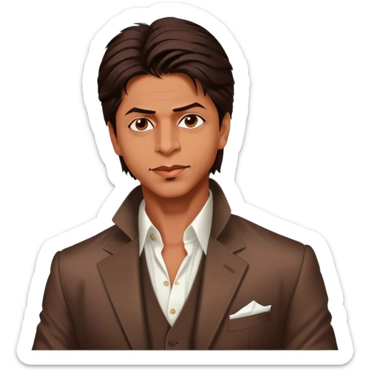 Cinematic Realistic portrait of Shah Rukh Khan, portrayed as a charismatic film star with expressive features and stylish contemporary attire, rendered in rich, dynamic lighting that captures his magnetic presence sticker