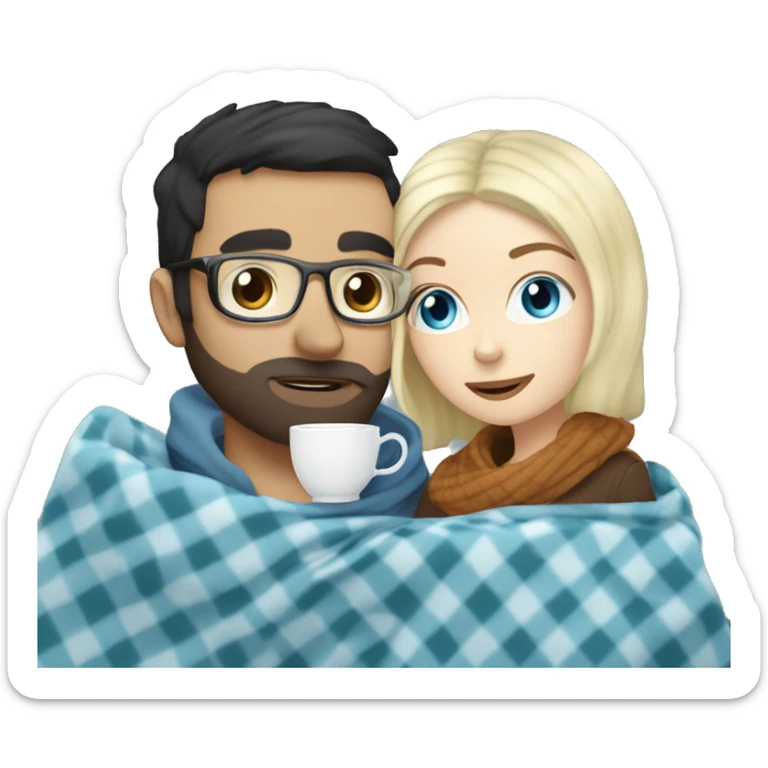 Pale blonde girl with blue eyes wearing glasses and pale man with short black hair and beard drinking tea under a blanket sticker