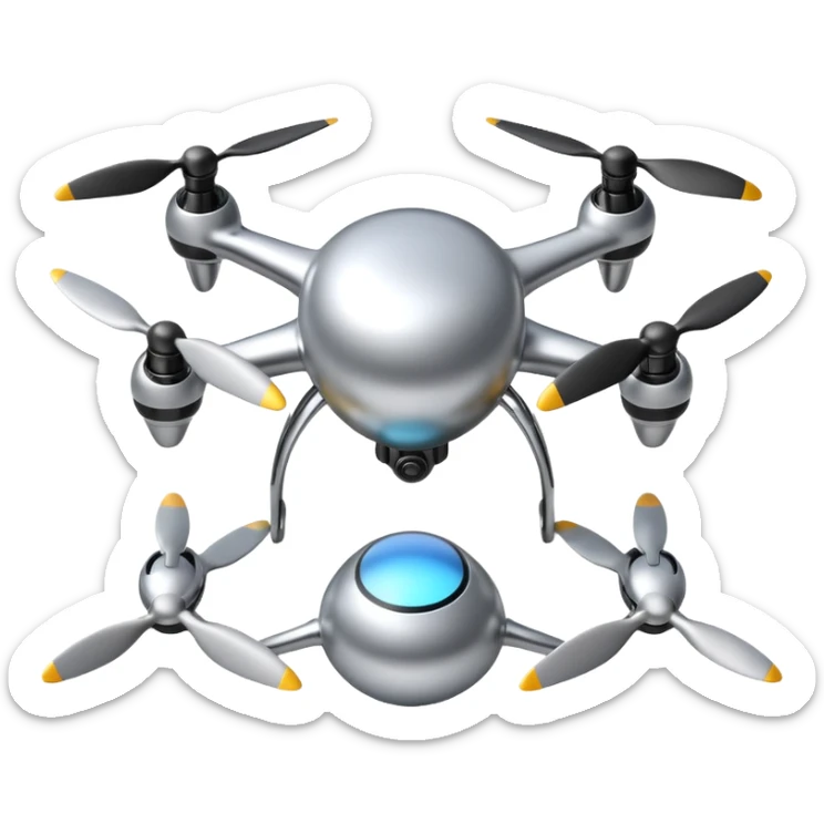 A futuristic drone emoji made of polished silver chrome, smooth rounded body, minimal propellers, reflective metallic surface, soft studio lighting, iOS emoji style, centered, clean white background sticker