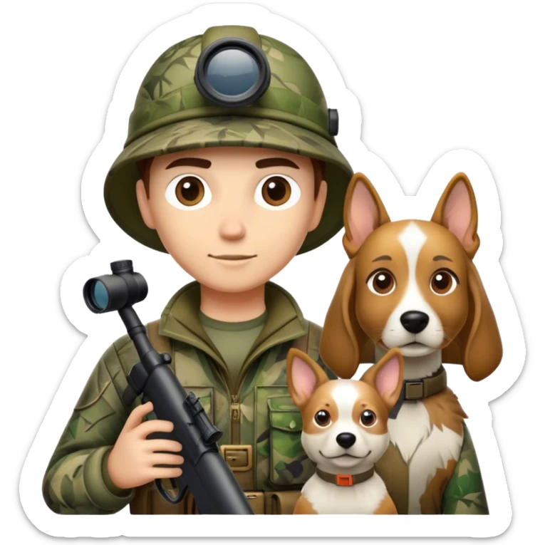 Icon for Hunting: a hunter with a rifle, wearing camouflage gear, with a dog by their side and a pair of binoculars. The icon should capture the outdoor adventure and skill of hunting. Transparent background. sticker