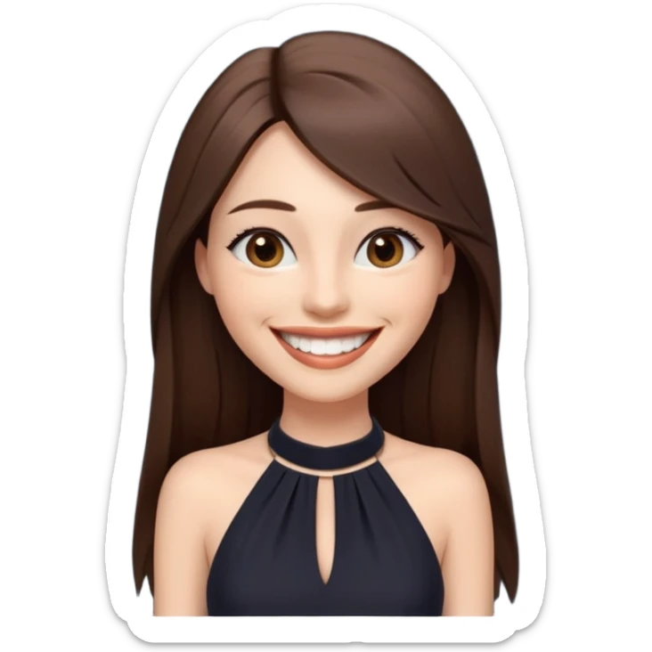 emoji-style illustration of a stylish pretty big smile woman with long straight brown hair, wearing a dark halter neck dress, elegant and minimalistic look, front-facing, soft 3D cartoon rendering, plain background sticker